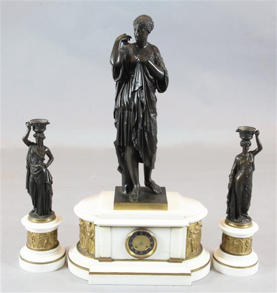 A mid 19th century French bronze mounted marble clock garniture, L.V.E. Robert, height 35.75in.